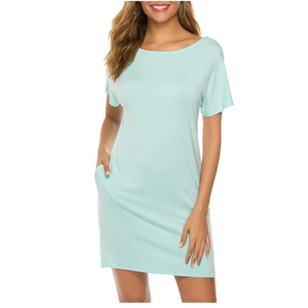 Mint Blue Dress With Pockets Criss Cross Short Sleeve Beach Tunic T Shirt Dress